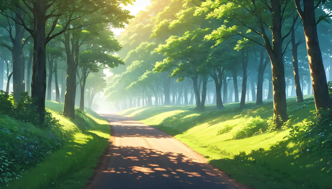 a beautiful anime landscape, summer forest road at before dawn, beautiful detailed rolling green hills, lush trees and foliage, sunlight streaming through the trees, calm serene atmosphere, picturesque countryside, highly detailed, photorealistic, 8k, masterpiece, cinematic lighting, vibrant colors, golden hour