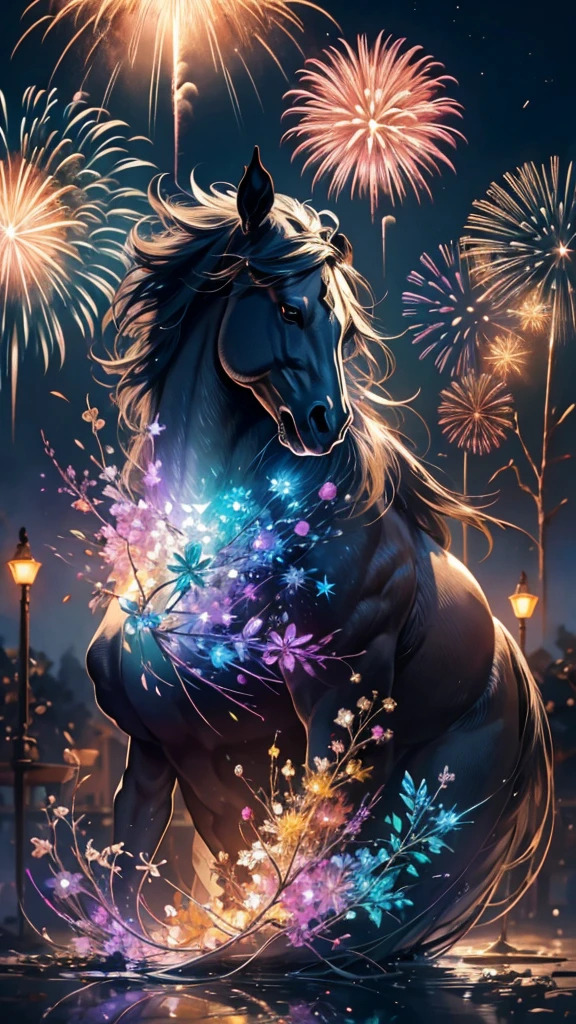horse、white、白horse、horseたちに囲まれて、Mysterious Landscape、firework、firework大会、Rainbow colorsのfireworkが打ちあがっている瞬間、夜nullとともに、草原な景色で壮大なfirework、future都市、Highest quality、masterpiece, (Diffuse reflection of light:1.2), When the fantastic rainbow turns into shadow, bathed in a mystical atmosphere.horseたちも見ています, Cast magic spells. evoke a sense of wonder and awe. A fusion of natural grandeur and magic, Weaving dreams into reality. Behold, null, And the unknown, Fleeting、And an eternal moment, 16K, Ultra-high resolution.Realistic, Ultra-high resolution, to be born,future、Rainbow colorsに光り輝く、Rainbow colors、The world 30 years from now。