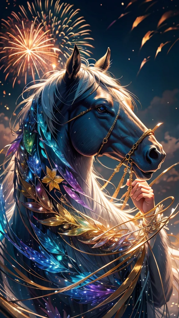 horse、white、白horse、horseたちに囲まれて、Mysterious Landscape、firework、firework大会、Rainbow colorsのfireworkが打ちあがっている瞬間、夜nullとともに、草原な景色で壮大なfirework、future都市、Highest quality、masterpiece, (Diffuse reflection of light:1.2), When the fantastic rainbow turns into shadow, bathed in a mystical atmosphere.horseたちも見ています, Cast magic spells. evoke a sense of wonder and awe. A fusion of natural grandeur and magic, Weaving dreams into reality. Behold, null, And the unknown, Fleeting、And an eternal moment, 16K, Ultra-high resolution.Realistic, Ultra-high resolution, to be born,future、Rainbow colorsに光り輝く、Rainbow colors、The world 30 years from now。