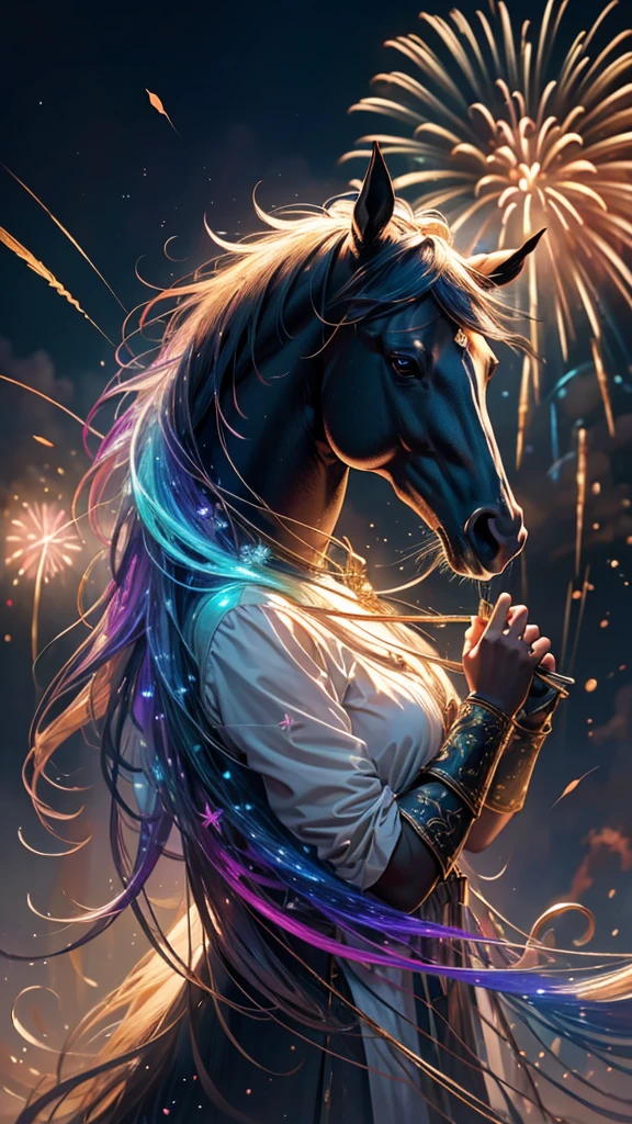 horse、white、白horse、horseたちに囲まれて、Mysterious Landscape、firework、firework大会、Rainbow colorsのfireworkが打ちあがっている瞬間、夜nullとともに、草原な景色で壮大なfirework、future都市、Highest quality、masterpiece, (Diffuse reflection of light:1.2), When the fantastic rainbow turns into shadow, bathed in a mystical atmosphere.horseたちも見ています, Cast magic spells. evoke a sense of wonder and awe. A fusion of natural grandeur and magic, Weaving dreams into reality. Behold, null, And the unknown, Fleeting、And an eternal moment, 16K, Ultra-high resolution.Realistic, Ultra-high resolution, to be born,future、Rainbow colorsに光り輝く、Rainbow colors、The world 30 years from now。