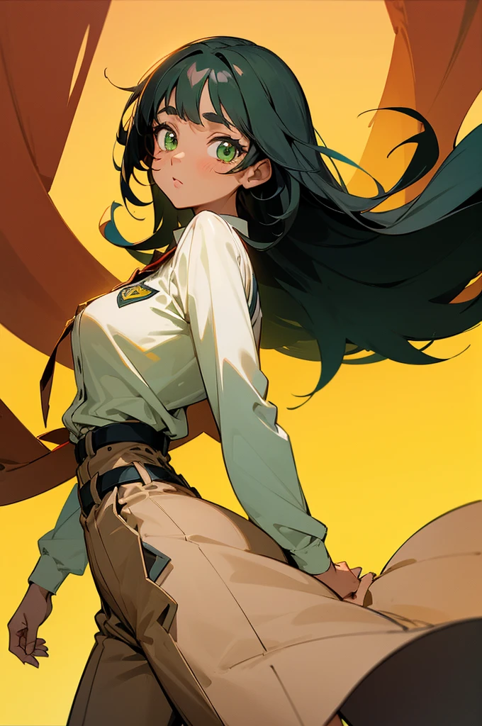 Using the style of the anime My Hero Academy. A woman with waist-length black hair, green eyes, brown skin, rosy cheeks, wearing the ua uniform.