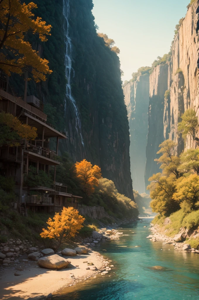 A scene below a river in an orange late afternoon, written BE, anime styling