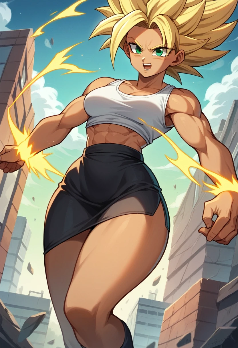 1 girl ,Saiyan, rose hair combed back, green eyes,slim, thin waist, wide hips, brown skin color, medium breasts, white top, short black skirt , fly in the city, stay in city, flying, hot aura, strong aura, strong energy, rose energy, rose aura, big aura