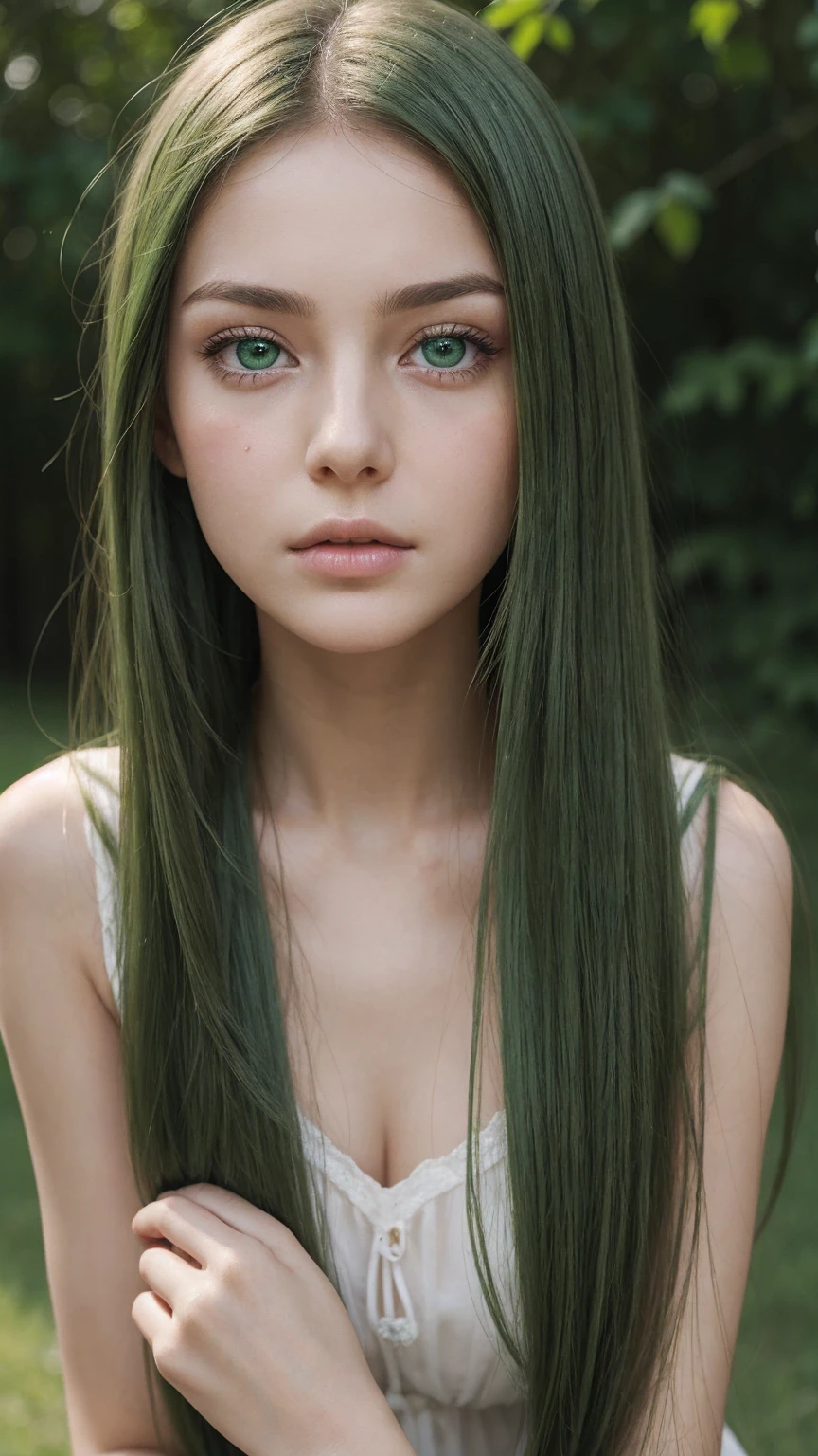 a girl. face sent feeling. Europe. Oval face. long face. delicate facial features. gentle eyes. seductively seductive. green eyes. long straight hair. voluminous. green hair. expression is very sad. looking passionately. shy. straight face. outdoor