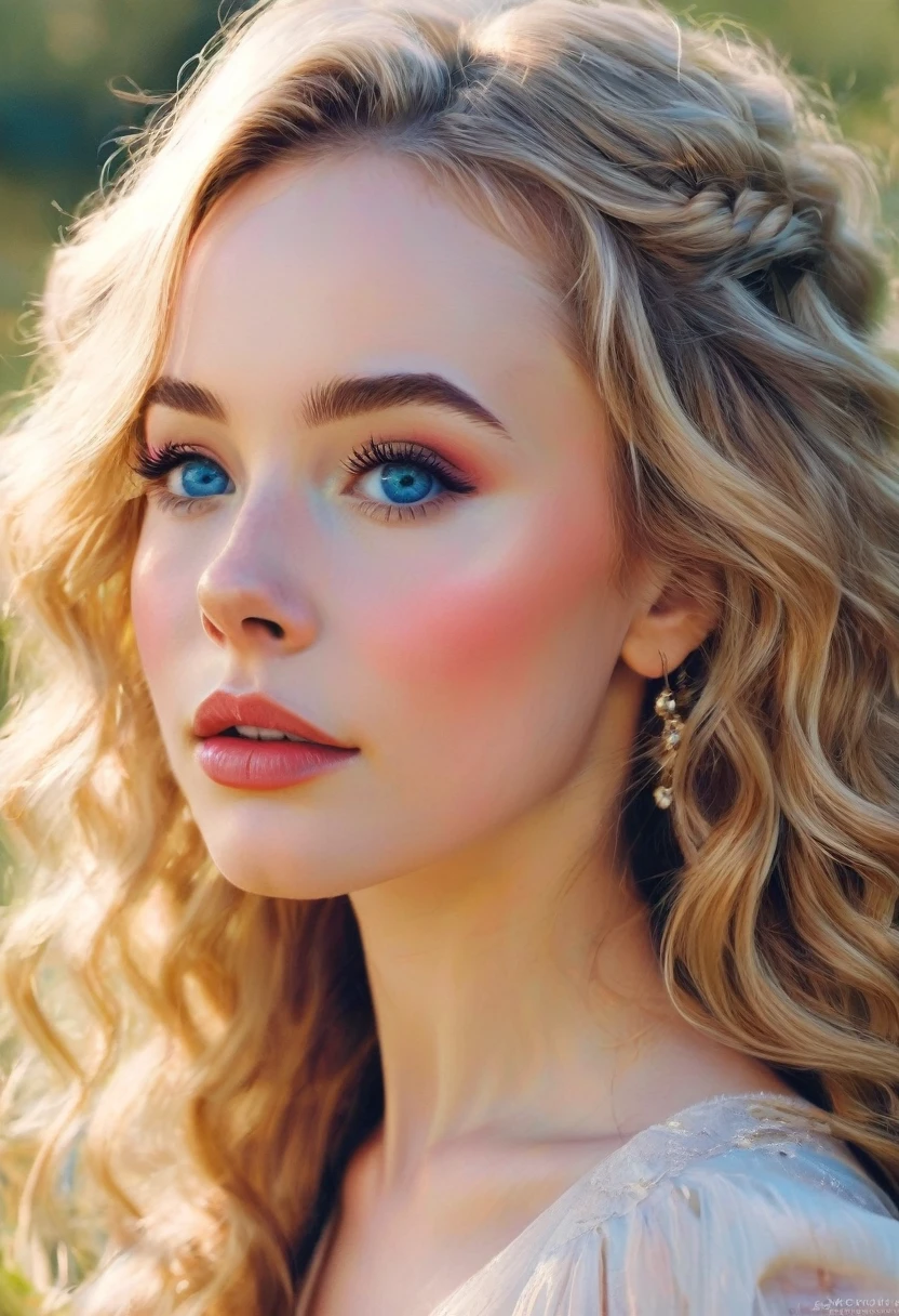 A colored pencil sketch of a beautiful swedish farm wife. crystal blue eyes. rosy complexion. full lips. Sabrina Carpenter. Sudectively dancing in a medow.