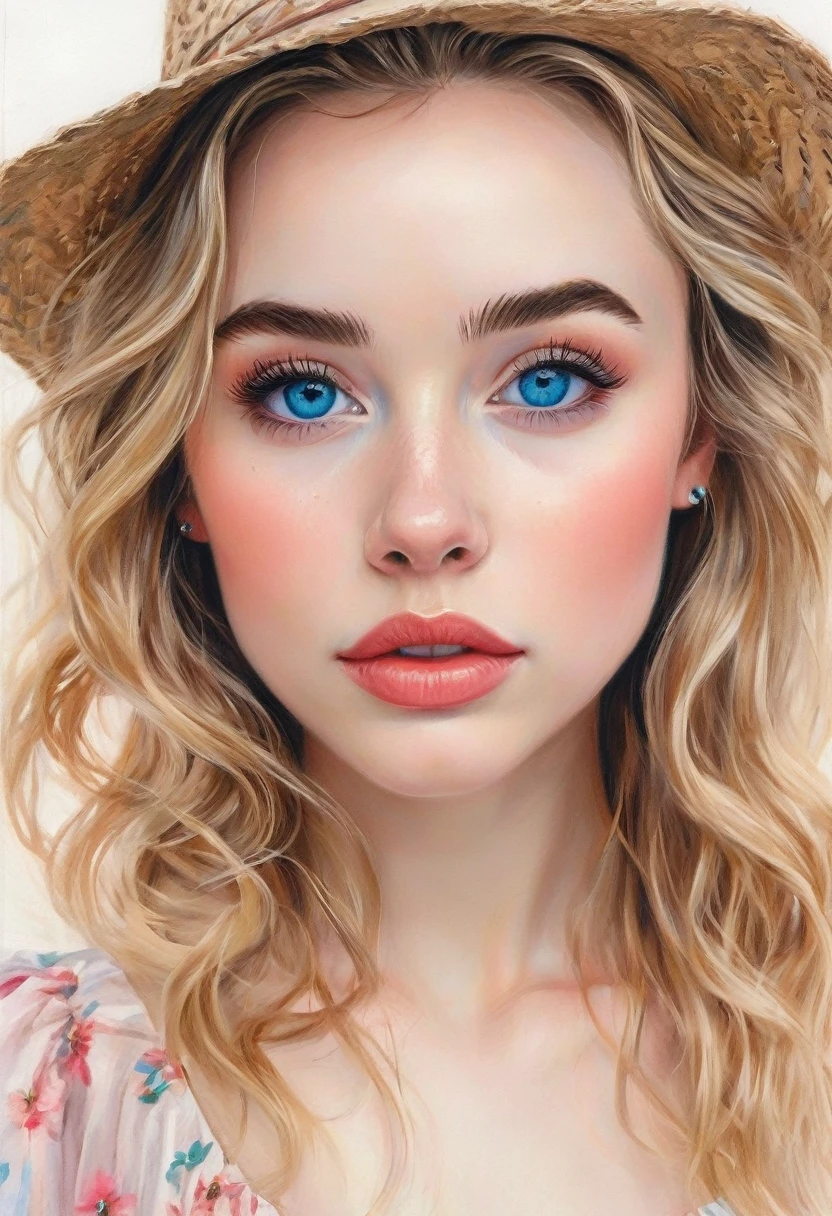 A colored pencil sketch of a beautiful swedish farm wife. crystal blue eyes. rosy complexion. full lips. Sabrina Carpenter. Sudectively dancing in a medow.