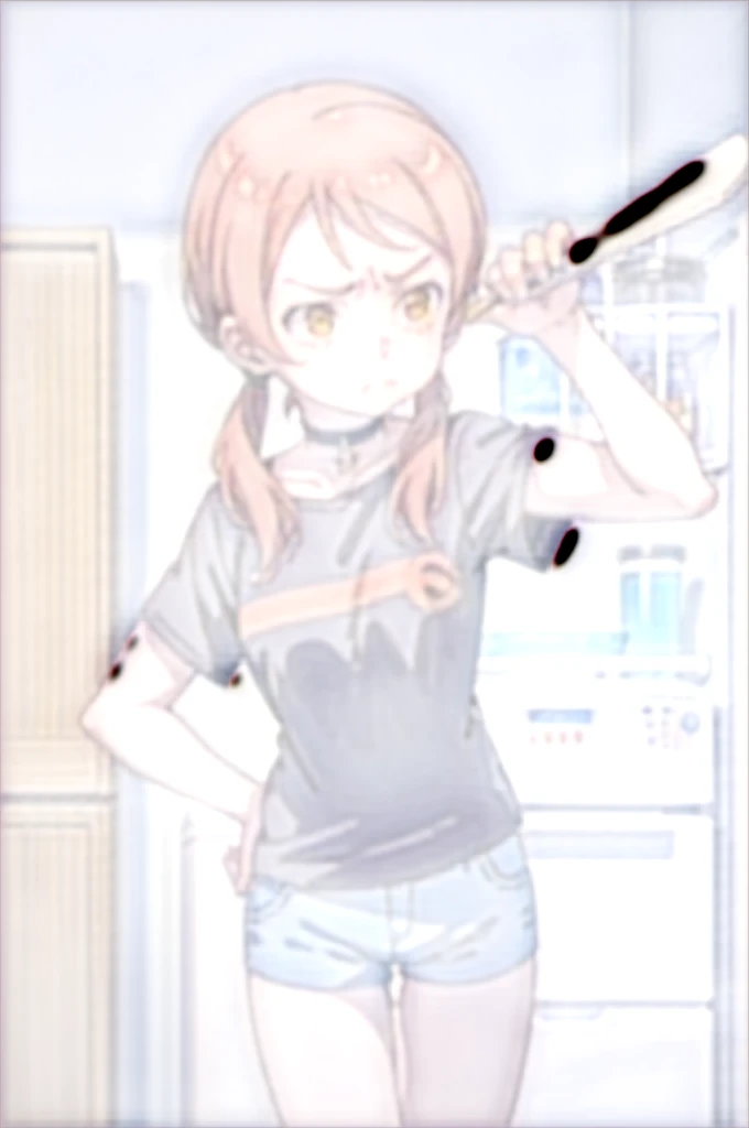 1girl, solo,
himari,
black choker, t-shirt, blue shorts, kitchen, refrigerator, pudding, annoyed