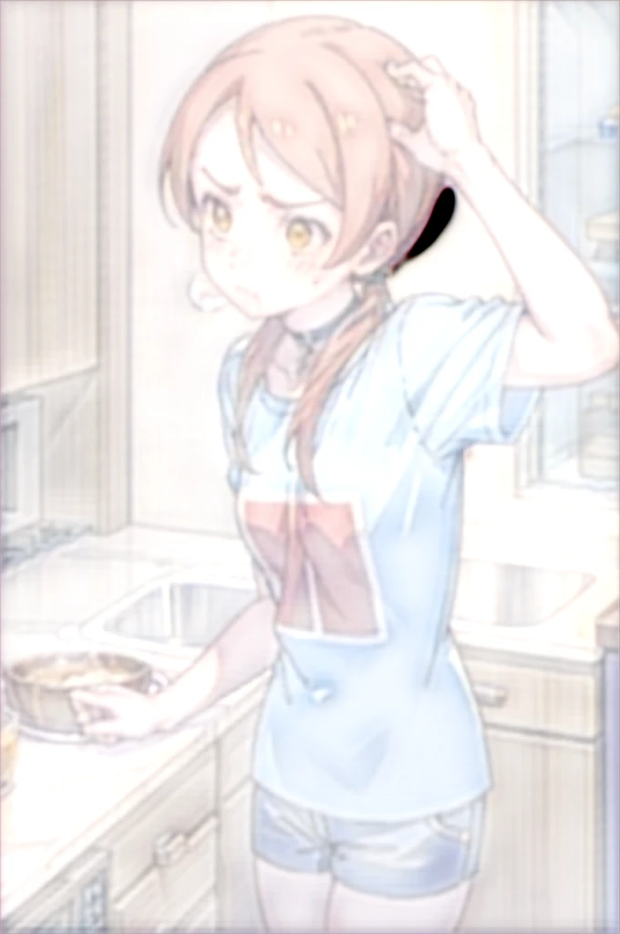 1girl, solo,
himari,
black choker, t-shirt, blue shorts, kitchen, refrigerator, pudding, annoyed