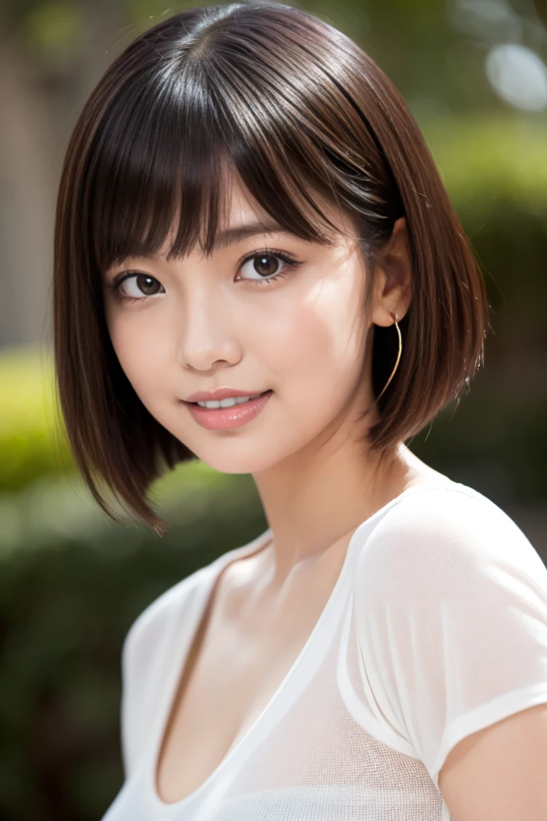 masterpiece)、(Highest quality:1.5)、(Photorealistic:1.2)、(Surreal), (High resolution), (Realistic), (Post-processing),(Sharp focus), Sharp focus:1.2,Backlight, (Improvement of quality:1.4), (Narrow waist)、((Perfectly detailed five-fingered hands)),(Anatomically correct body)、((1 female:1.4))、Japanese、Realistic Skin、(Small chest:1.4)、Bust size is A cup、Pretty woman with perfect figure:1.4,(from the front:1.5), (Enhances the beauty of skin texture:1.1),No makeup、美しいBlack Hair、smile、Natural color lip、(Small Mouth:1.4)、The mouth is not open、Thick lips、(Oval Face)、Even bangs、Hide eyebrows with bangs、((33-year-old woman))、Bob Hair、Hair blowing in the wind, (Black Hair, Iris, Watery eyes, Shining Eyes, Bob cut hair,), Hair behind the ear、No makeup、(Drooping eyes)、(((One lovely woman)),((優しい大きなsmile)),(( Small breasts,Small breastsの谷間)),((((Plump Cheeks)))),very cute,(Baby Face),Raccoon face,