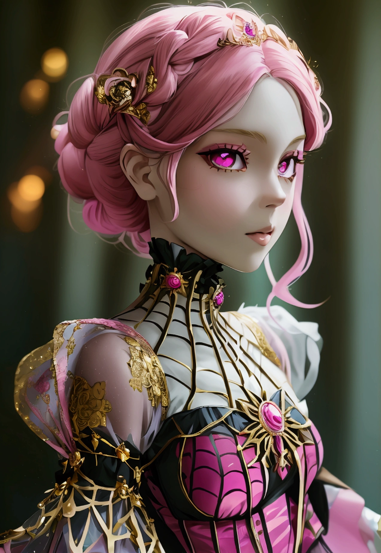 Create an anime-style girl with (((deep magenta eyes and long, wavy pink hair))) ((styled in an elegant frenchbraid)). (((She is slender, and  with small breasts))). ((Ensure a full-body shot of her)) wearing a (((magical girl-themed outfit.))) ((The outfit features a fitted bodice with a sweetheart neckline, gold embroidery, and pastel pink accents. The bodice has delicate rose gold spider web patterns. She wears a multi-layered knee-length skirt with a high-low hemline, the outermost layer sheer with gold and rose gold spider web patterns. She has off-the-shoulder puff sleeves, arm-length pastel pink gloves with gold trim, and a gold choker with a red gemstone. The outfit includes a short, detachable sheer cape with rose gold spider web patterns and is fastened with gold brooches. She wears pastel pink ankle boots with gold heels and rose gold laces. Accessories include a gold tiara with a red gemstone and gold spider-shaped hairpins.)) The overall look is regal and ethereal, with magical glowing effects. cutesexy, purinpuon pixiv, no future, a hyperrealistic , hyperrealistic , realistic , seductive (anime girl), smooth anime cg art, beautiful alluring anime teen, (purinpuon pixiv), ((magical girl)), (masterpiece), best quality, expressive eyes, perfect face ((Highest quality))、((8K))、(((8k wallpaper))) ((Full Body Shot: 1.5))、ultra detailed, masterpiece, best quality, solo ((purinpuon pixiv, no future)) (((purinpuon pixiv, no future)))