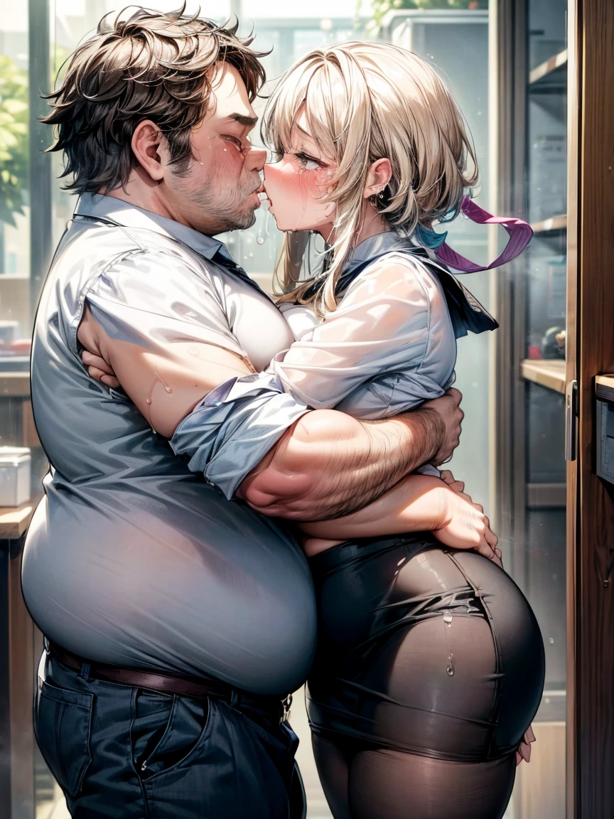 (One , A fat middle-aged man:1.2), pantyhose, pantyhose, White shirt, Pencil Skirt, blush, French kiss, hug, ((Big Breasts)), close your eyes, office, Very detailed, High resolution, 4K, masterpiece, High resolution、(tears:1.5)、(rape)