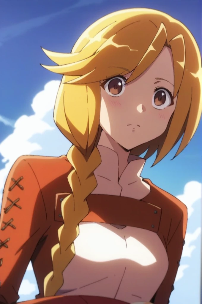 score_9, score_8_up,  score_7_up, source_anime, best quality, masterpiece, 1girl, enri emmot, overlord, brown eyes, blonde hair, facing viewer, beautiful lighting, absurdres, , young, side plait, plaited hair