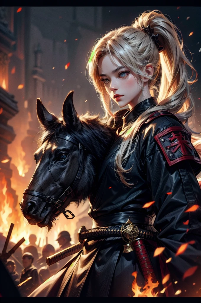 (absurdres, highres, ultra detailed), clean detailed anime art, perfect eyes, 1woman, blond hair, long hair, pony tail, yellow eyes, white skin, samurai, blood on clothes, katana, sheath, katana on sheath, after battle, day, battlefield