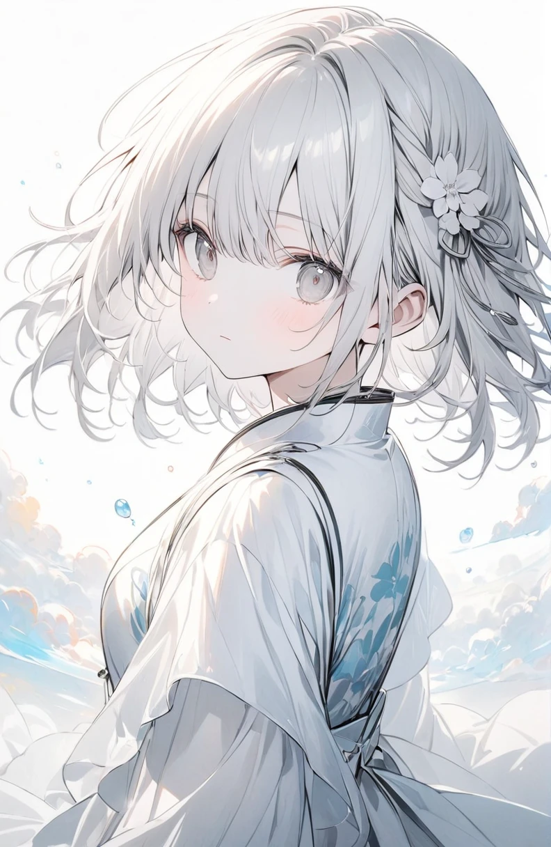 (masterpiece:1.2),(anime),、girl、cute，Silver Hair，Silver shining eyes，sweets dream, A colorful world, cute, like, Highest quality, masterpiece，【Highest quality, Tabletop】 (Gray white background:1.7), Han Fei，Grey Hair，White flower hair ornament，White ribbon，Grey Eyes，Black and white clothes，White translucent socks，Fleeting，Expressionless，dream，White background，whole body，Character portrait，A disdainful look，Chinese style clothes，Chinese clothing，Monochrome，Fleeting，