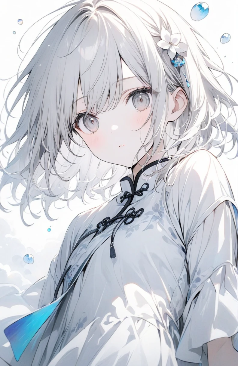 (masterpiece:1.2),(anime),、girl、cute,Silver Hair,Silver shining eyes,sweets dream, A colorful world, cute, like, Highest quality, masterpiece,【Highest quality, Tabletop】 (Gray white background:1.7), Han Fei,Grey Hair,White flower hair ornament,White ribbon,Grey Eyes,Black and white clothes,White translucent socks,Fleeting,Expressionless,dream,White background,whole body,Character portrait,A disdainful look,Chinese style clothes,Chinese clothing,Monochrome,Fleeting,