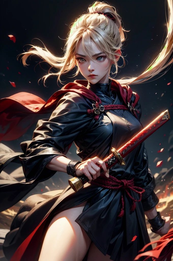 (absurdres, highres, ultra detailed), clean detailed anime art, perfect eyes, 1woman, blond hair, long hair, pony tail, yellow eyes, white skin, samurai, blood on clothes, katana, sheath, katana on sheath, after battle, day, battlefield