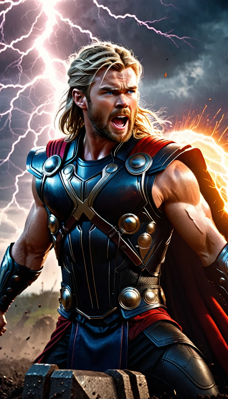 Cinematic soft lighting illuminates a stunningly detailed and ultra-realistic Chris Hemsworth as Thor God of Thunder from Thor movies, stormy sky, lightning strikes, Thor, raising Mjolnir, thunderclouds, wind blowing, fierce expression, charging enemies, muddy ground, battle chaos, electrifying aura, sparks flying, determination, energy surge, armor shining, hammer glowing, power unleashed, that is trending on ArtStation. Octane is the perfect tool to capture the softest details of this 16k photography masterpiece