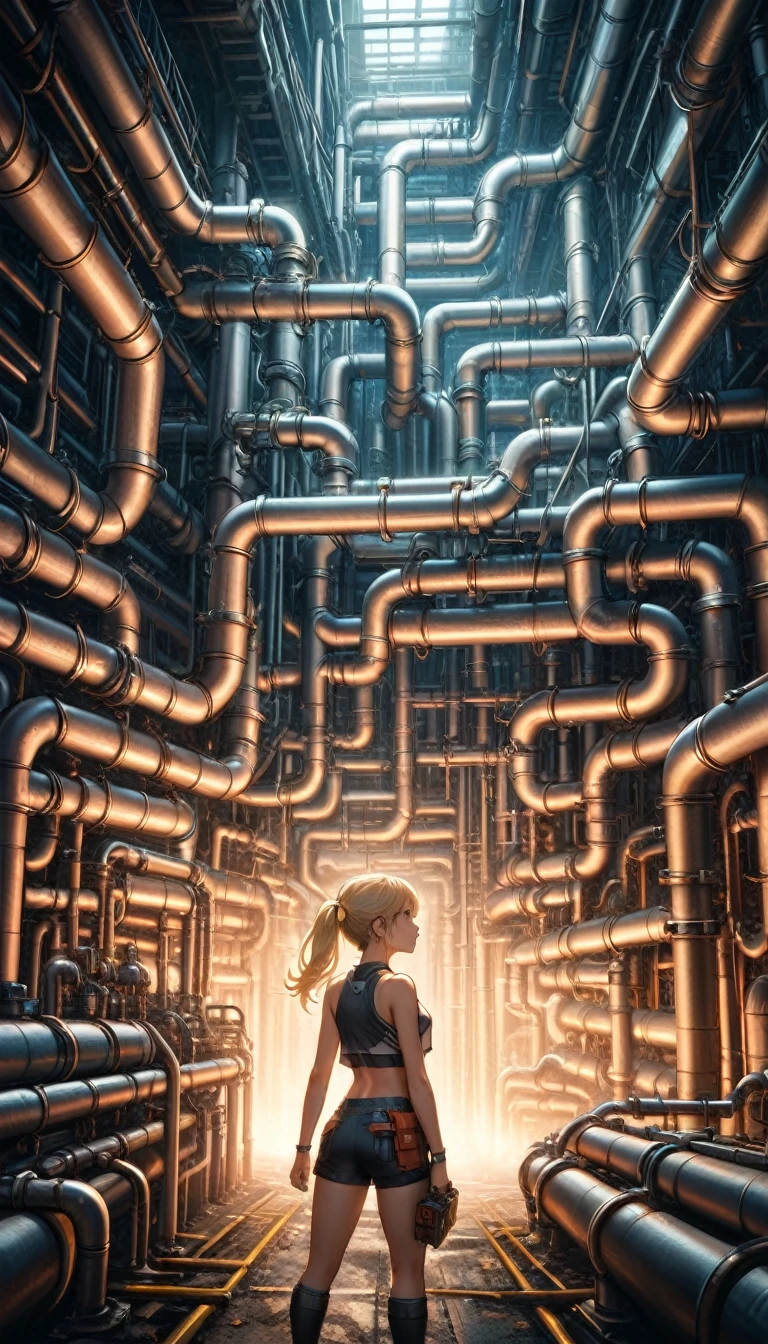 pipe jungle, industrial pipes, architecture made up of pipes and valves, tubular creature, vertical wallpaper, Huge maze of pipes spread highly inside the factory, steam blowing out, A female worker holding toolbox is looking up, blonde pony tail hair, crop top and short pants, POV, in the glow of soft, cinematic light