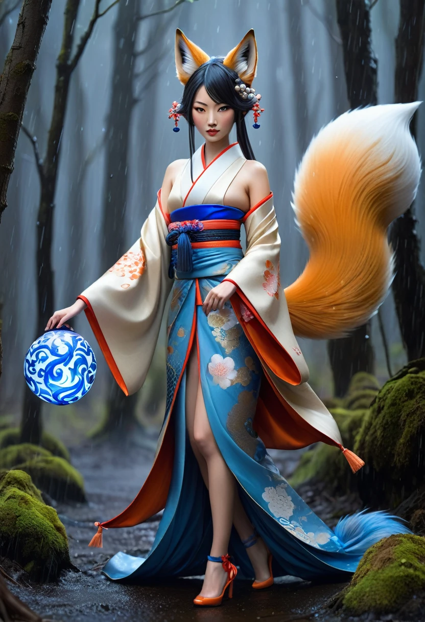 Masterpiece, Extremely detailed, (A beautiful kitsune woman walking in a rainy forest holding a small ball of blue fire), facing viewer, dynamic pose , fox ears, nine fox tails, traditional Japanese clothing.