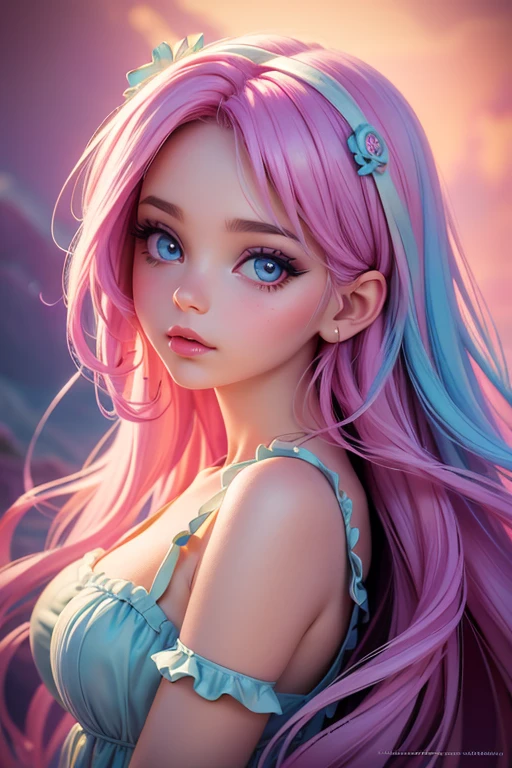 A dreamy, ethereal girl with vibrant, colorful hair, detailed eyes and lips, set in a surreal 80's-inspired landscape, Nicoletta Ceccoli style, highly detailed, 8k, photorealistic, masterpiece, vivid colors, dynamic lighting, fantasy, whimsical, dreamlike, magical, warm tones, soft focus, digital painting