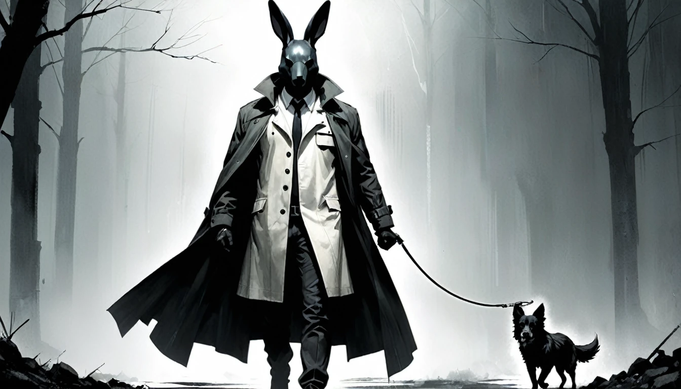 painting of a man with a rabbit head in a trench coat with a dog on a leash, russ mills, by Ben Templesmith, inspired by Santiago Caruso, inspired by ashley wood, ashley wood illustration, from the sandman netflix show, stern looking fox in a lab coat, inspired by Stephen Gammell, eric lacombe, shawn coss, stephen gammell style, inspirational artwork
