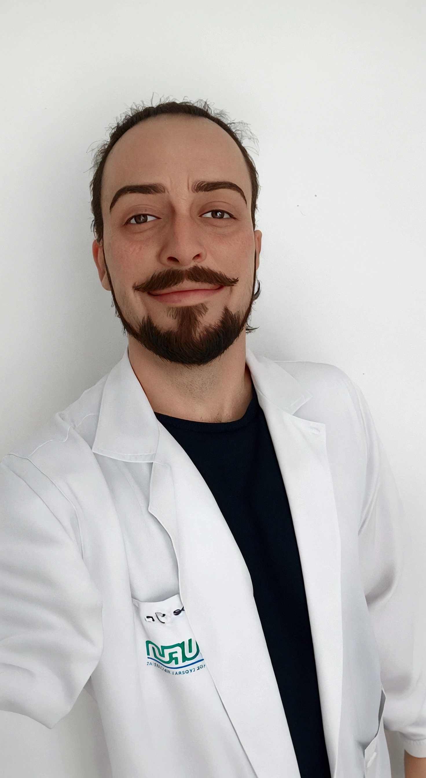 Pixar style image, Doctor in lab coat, with beard, glad, smiling