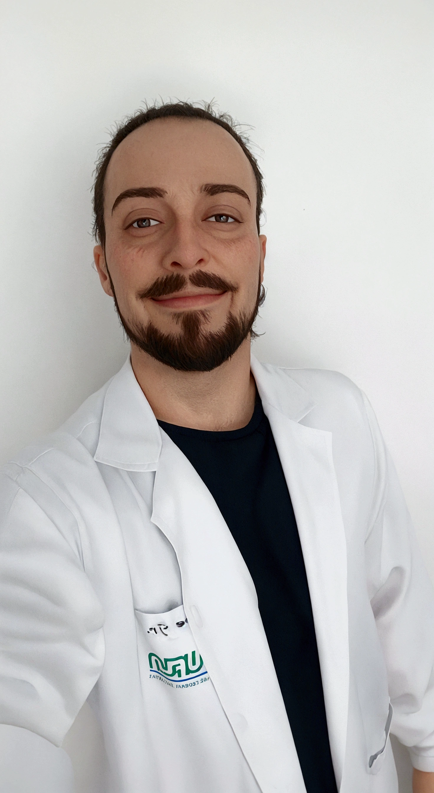 Pixar style image, Doctor in lab coat, with beard, glad, smiling 