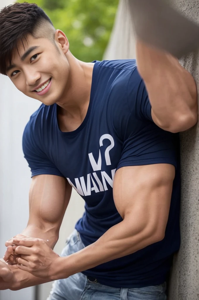 A handsome men ,20 age , Short Hair Hair, korea , Student，(((Wear a navy T-shirt without stripes.....................))),  front-view, smile ,Pectoral muscles, Wide shoulders ,athlete , Upper body (1),  It's raining: 1.3, road: 1.2, body dripping wet: 1.1,