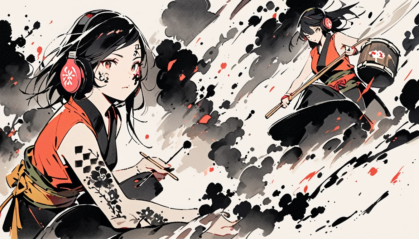 ((Ink Painting)), (((1 girl))), (((Tattoo on face))), Japanese style headphones, Japanese beautiful girl, Black Hair, drum, rock, band