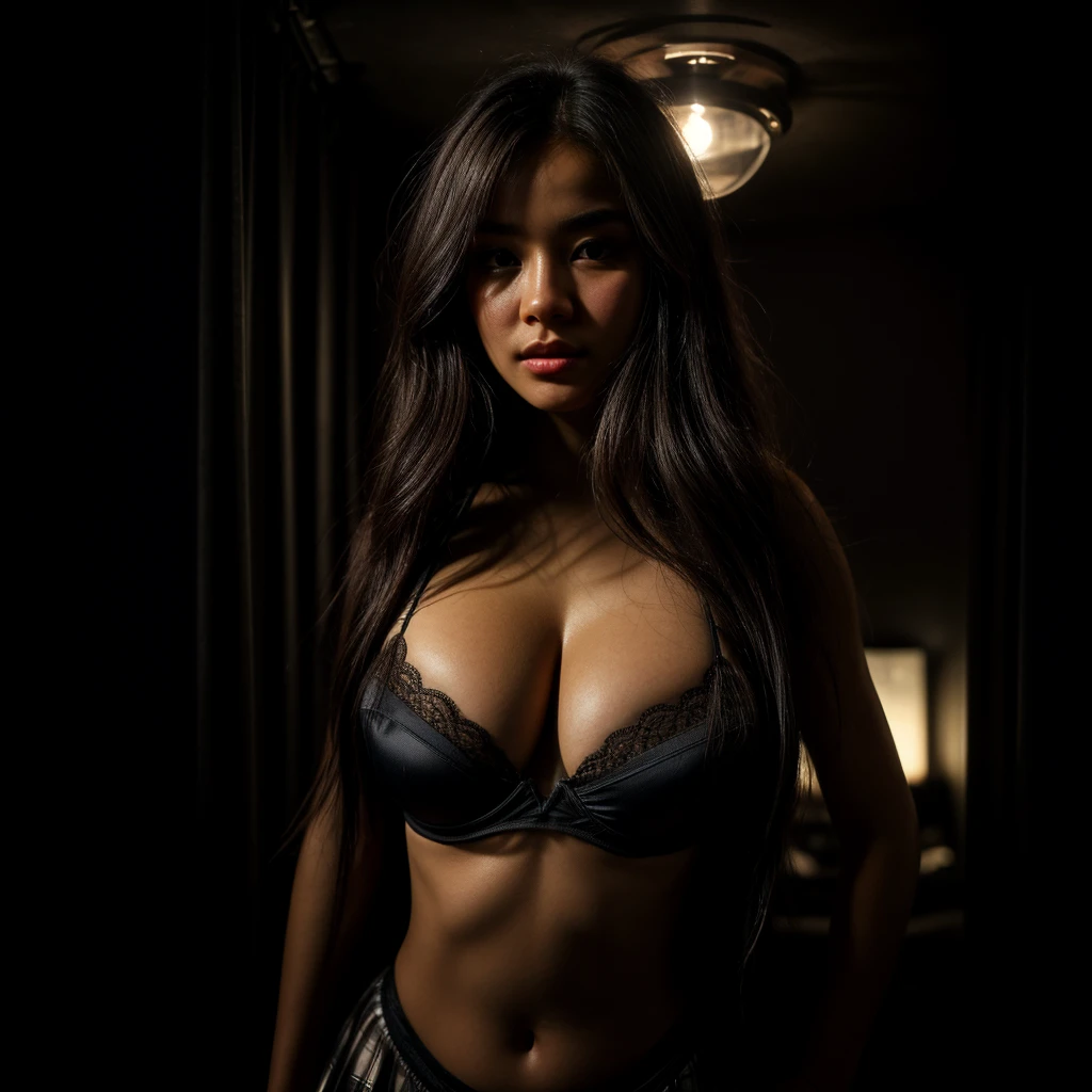 (Masterpiece 8k, best qualityer:1.3), Photography in Medium Shot ((Close-up aproximado, Zoom)), top - down photo, facing the front, front-facing, emphasis on bra. ultra-high detailed, absurderes, 1womanl, 20 years old, long black hair, silk bra and skirt, fair brown-skinned, perfect complexion, perfect facial features, Absolute symmetry, shapely body, breasts big, huge ass , SFW, Poor lighting, atmospheric light hotel room, underground dispersal, quixel megascan