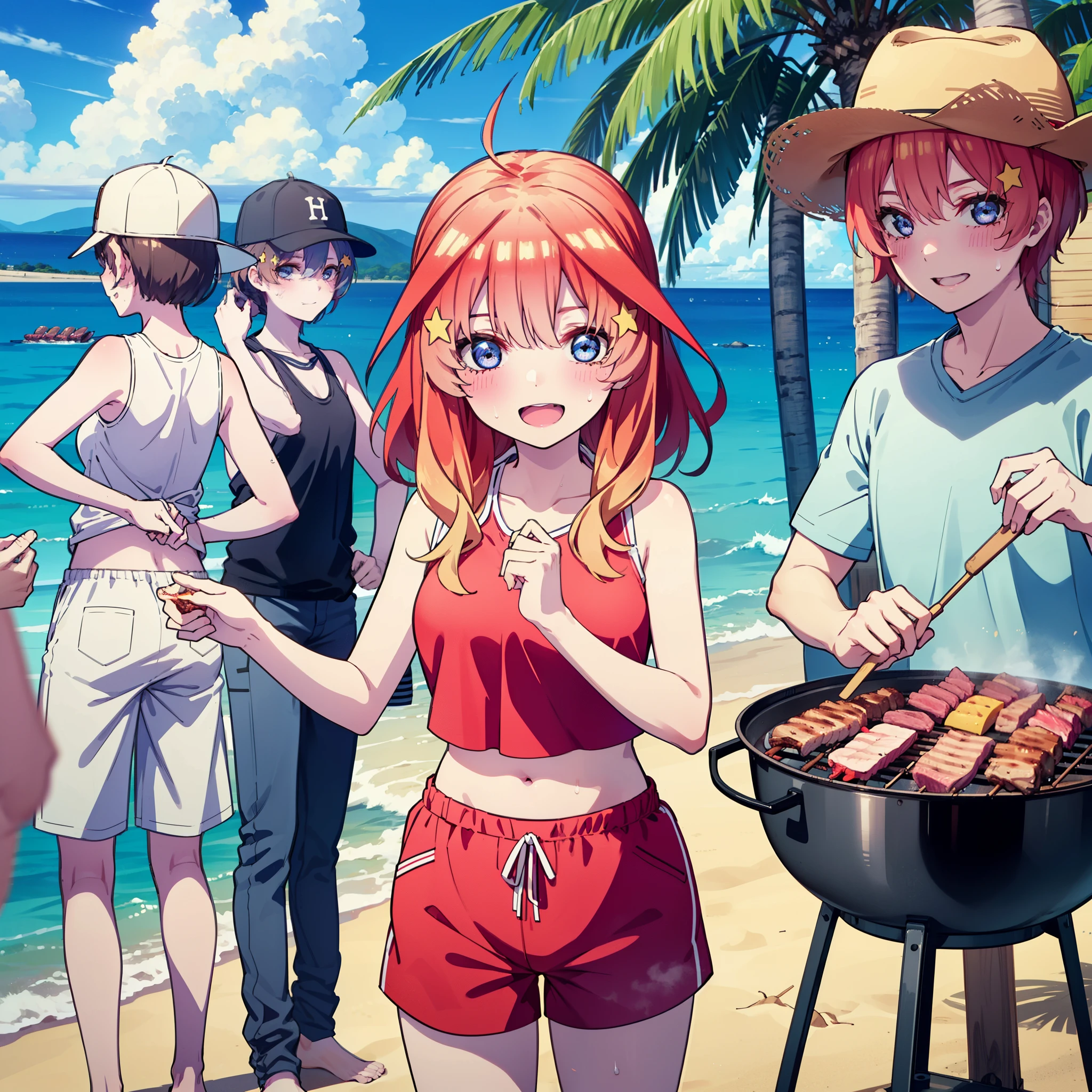 itsukinakano, Itsuki Nakano, bangs, blue eyes, Hair between the eyes, Ahoge, Redhead, star \(symbol\), hair ornaments, star hair ornaments,Baseball hats,happy smile, smile, Open your mouth,Red Tank Top,Belly button,Shorts,barefoot,Sweat,Beach,barbecue,cooking,Grilled meat,barbecue,Grilling meat,eating meat,Grilled meat,Palm tree,True Summer,Daytime,Clear skies,
break indoors, Beach,Sandy Beach,
break looking at viewer, (Cowboy Shot:1.5),
break (masterpiece:1.2), Highest quality, High resolution, unity 8k wallpaper, (figure:0.8), (Beautiful attention to detail:1.6), Highly detailed face, Perfect lighting, Highly detailed CG, (Perfect hands, Perfect Anatomy),