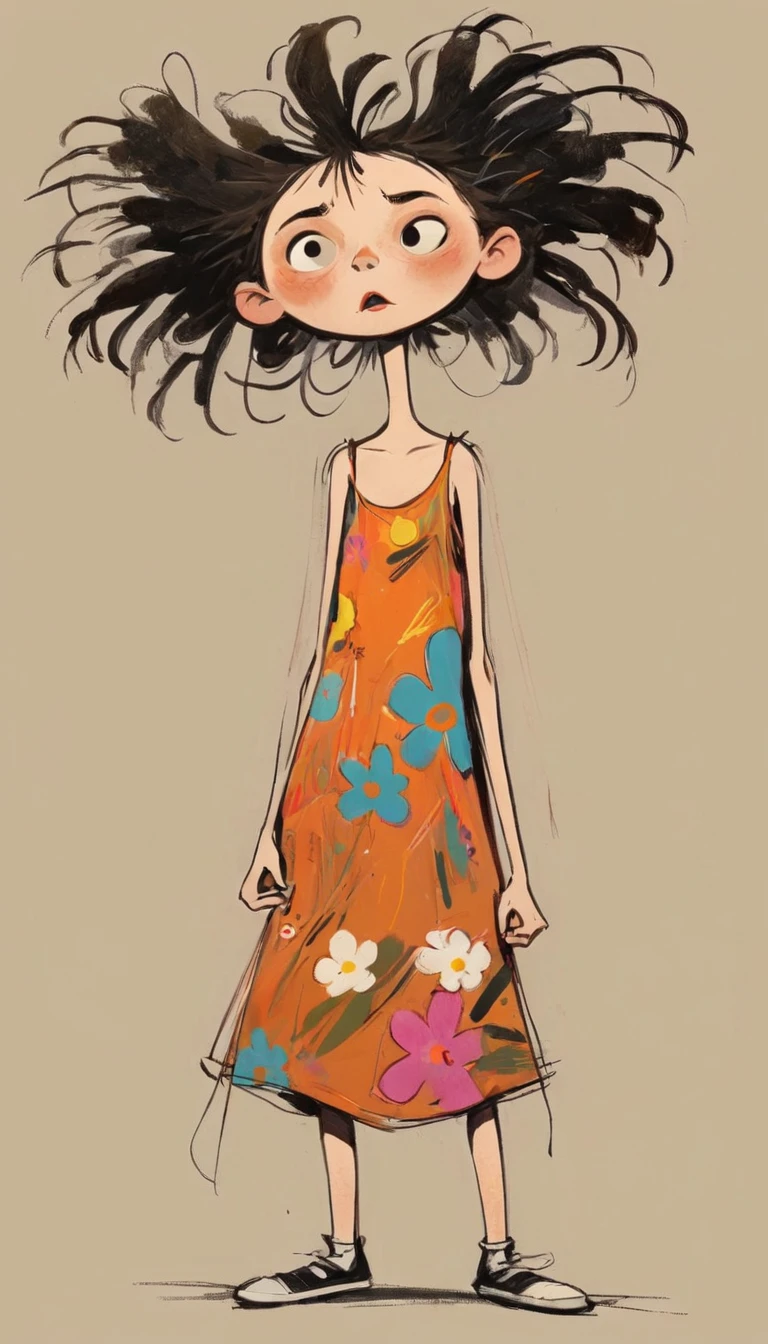 (((Exaggerated digital character sketches:1.37,Matchstick Men))).(1. Little Girl,(Exaggerated expression,Exaggerated hairstyle),Messy hair),(Black sketch lines,Loose brushstrokes create the outline,Cartoon Style. Bright colors and simplified lines, sketch)。(Exaggerated body movements,Floral slip dress),(Large area of blank)