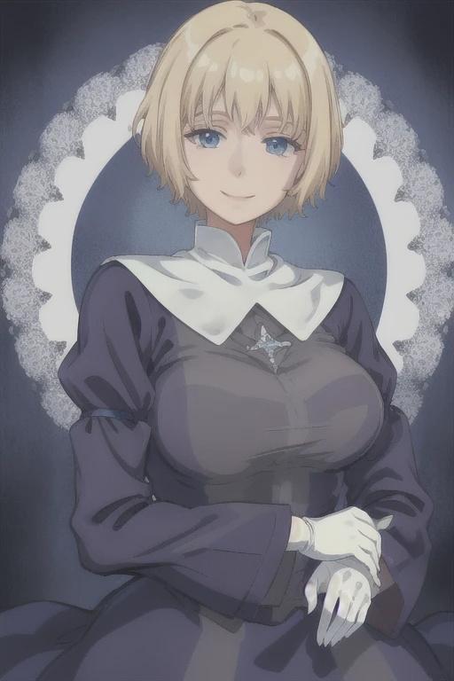 Orsola, short blonde hair, solo, smiling,blue habit ,white gloves, long sleeves, nun, long skirt, (insanely detailed, beautiful detailed face,beautiful detailed eyes, masterpiece, best quality) sexy pose