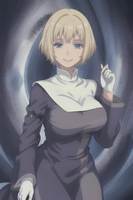 Orsola, short blonde hair, solo, smiling,blue habit ,white gloves, long sleeves, nun, long skirt, (insanely detailed, beautiful detailed face,beautiful detailed eyes, masterpiece, best quality) sexy pose