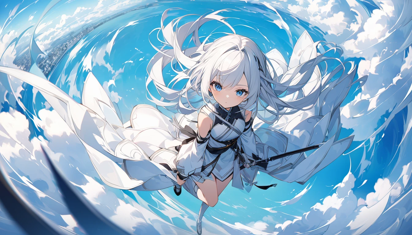 mysterious。White Hair Girl。Detailed Background。空中で飛行船に乗るWhite Hair Girlが、A scene looking down on the battlefield from above。In the background is a vast blue sky and floating clouds.。