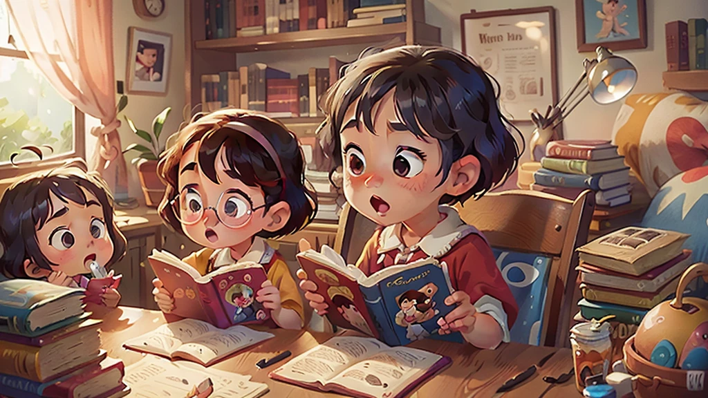 Image inspired by Disney/Pixar,Photographed children reading,Library scene,high quality