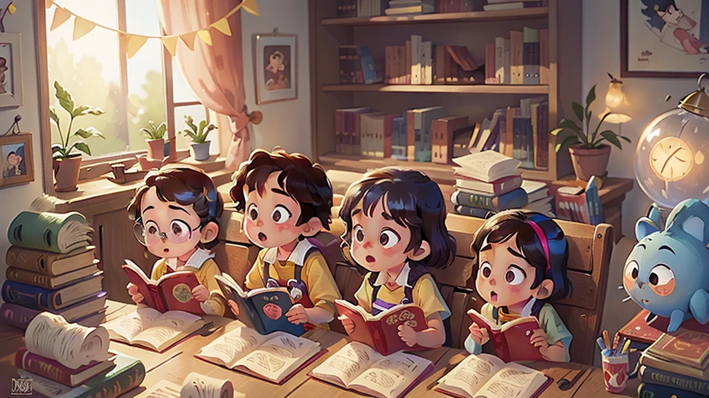 Image inspired by Disney/Pixar，Photographed children reading，Library scene，high quality