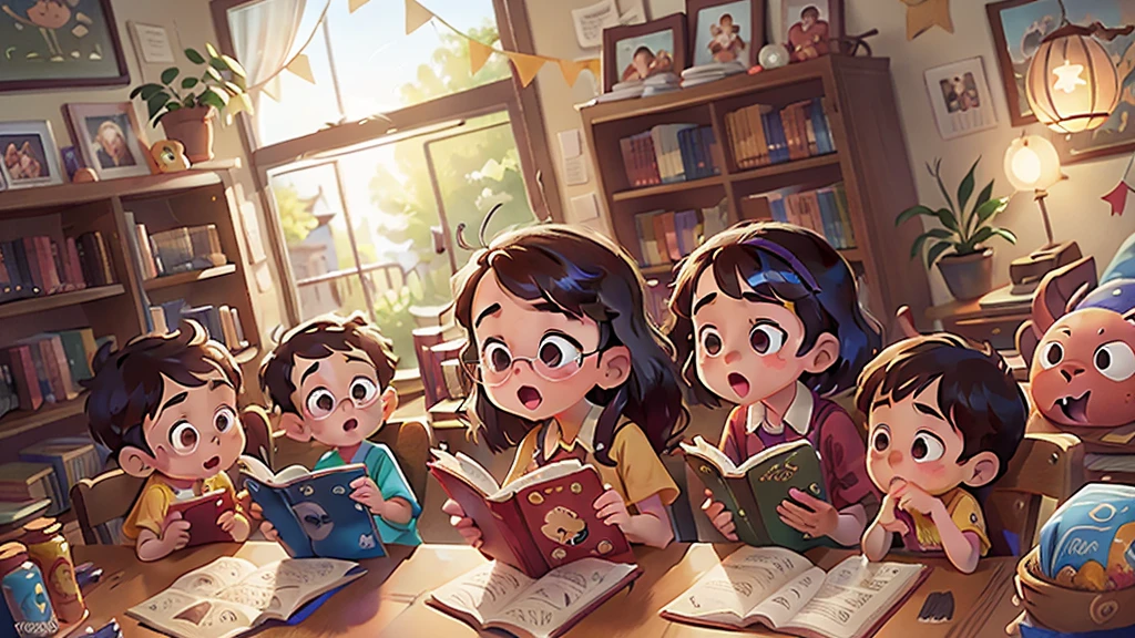 Image inspired by Disney/Pixar,Photographed children reading,Library scene,high quality