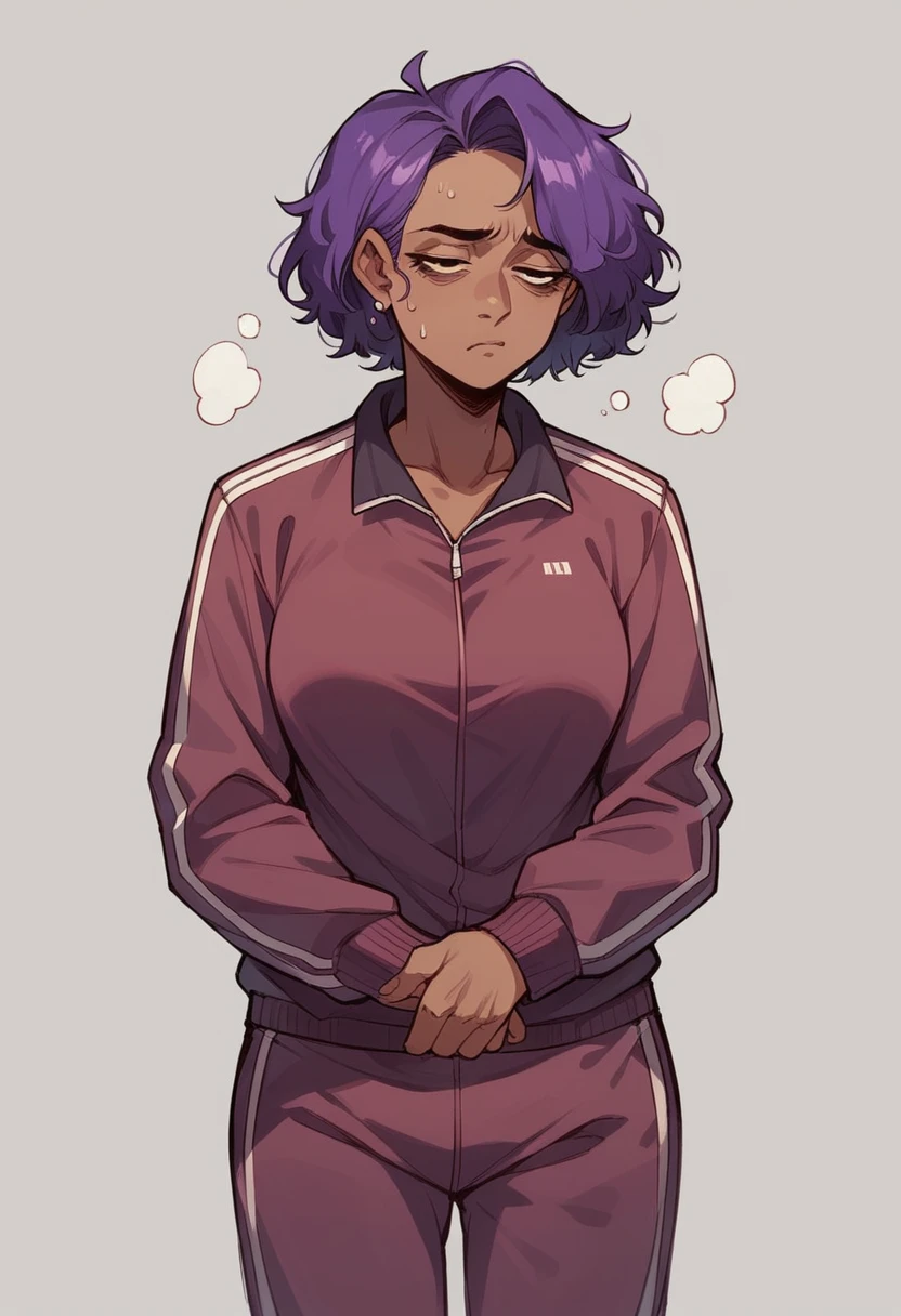 Dark-skinned milf, long purple hair,tired,wearing a tracksuit