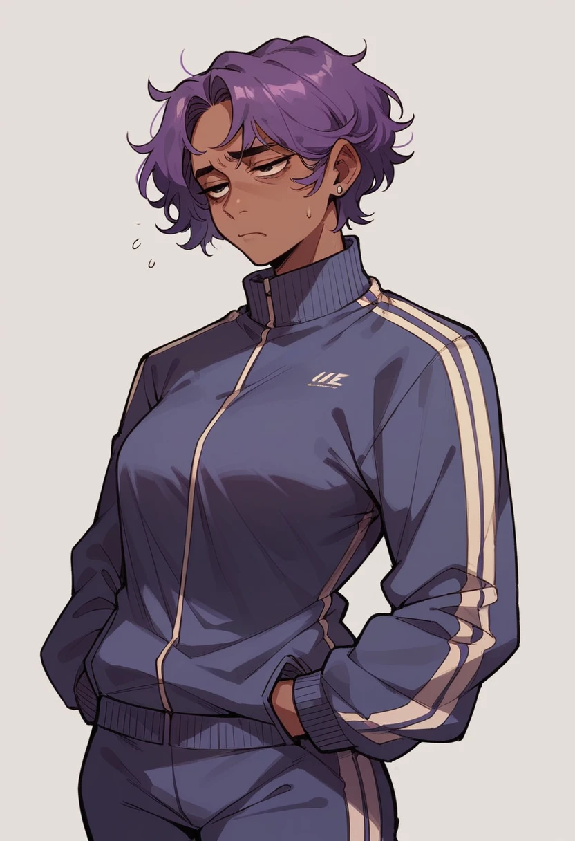 Dark-skinned milf, long purple hair,tired,wearing a tracksuit