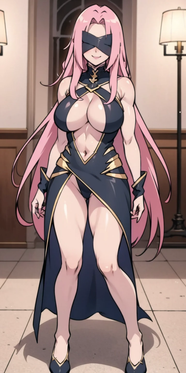 (masterpiece, HI quality: 1.1) 1girl full body standing good face, nice ass, hairstyle: braid, Color Hair: PINK long hair, Blindfolded: NO EYES, Skin: White (porcelain skin, sparkly skin), muscular, thighs, Mature woman, Abs, looks at the viewer smiling, extremely huge breasts, maternal, chest cover with clothes (Hell knight ingrid (anime style) Demon Knight Ingrid (OVA))
