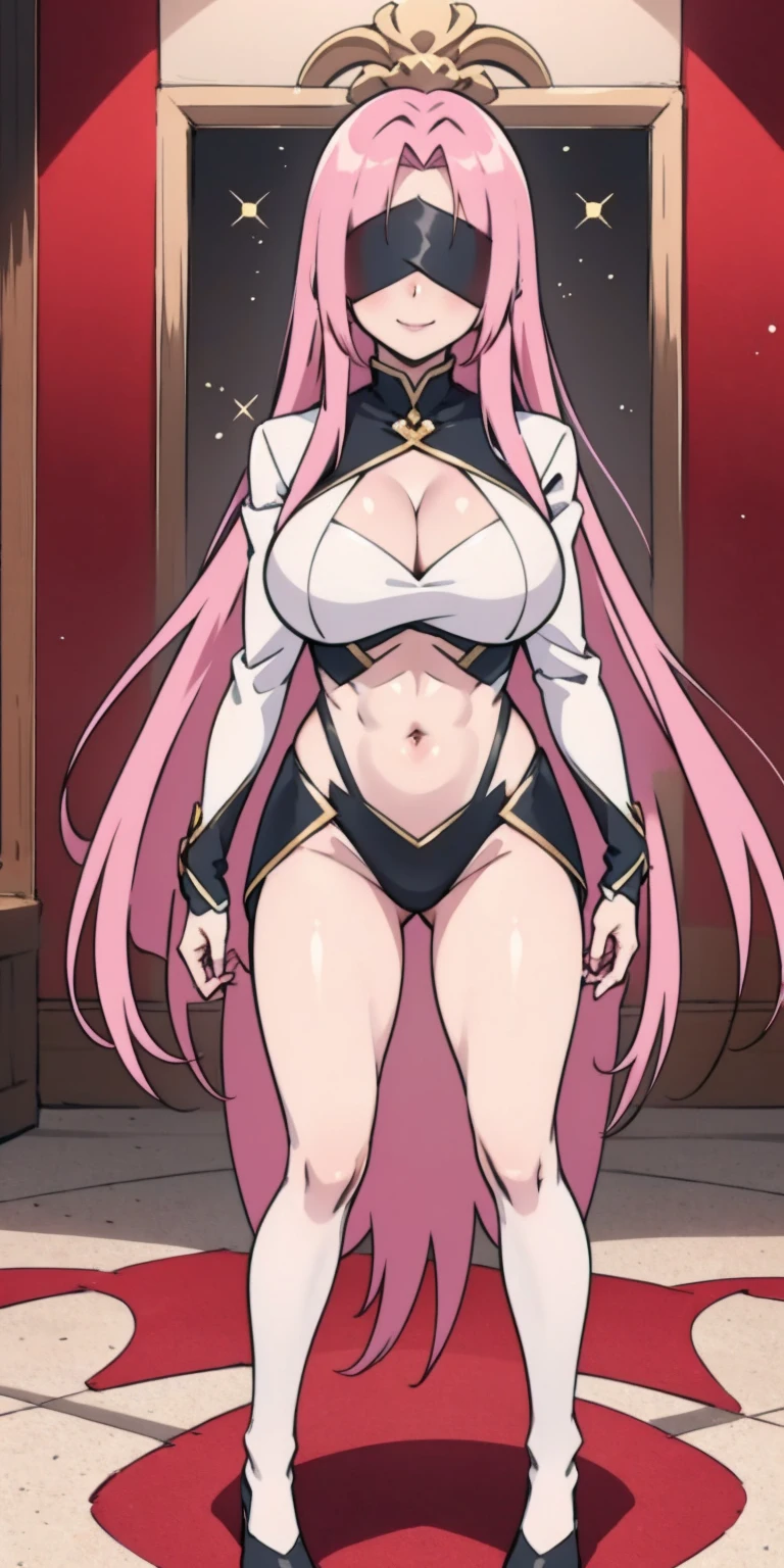 (masterpiece, HI quality: 1.1) 1girl full body standing good face, nice ass, hairstyle: braid, Color Hair: PINK long hair, Blindfolded: NO EYES, Skin: White (porcelain skin, sparkly skin), muscular, thighs, Mature woman, Abs, looks at the viewer smiling, extremely huge breasts, maternal, chest cover with clothes (Hell knight ingrid (anime style) Demon Knight Ingrid (OVA))