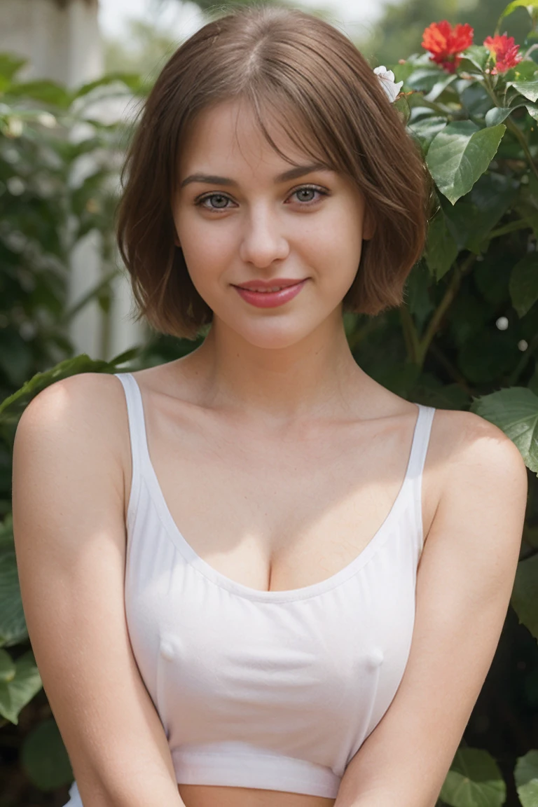 ((Closeup of sexy muse girl in front of Guangdong flower garden, wear new white women's sleeveless t-shirt)),details of her face and skin, sharp focus on her face, perfect lighting on her face, short hair, bangs, (High nose)), (red lips, white teeth), ((small breats)), (blue eyes:1,6), ((dimpled smile:1,6 )),((sharp focus on her face)), Looking at the audience