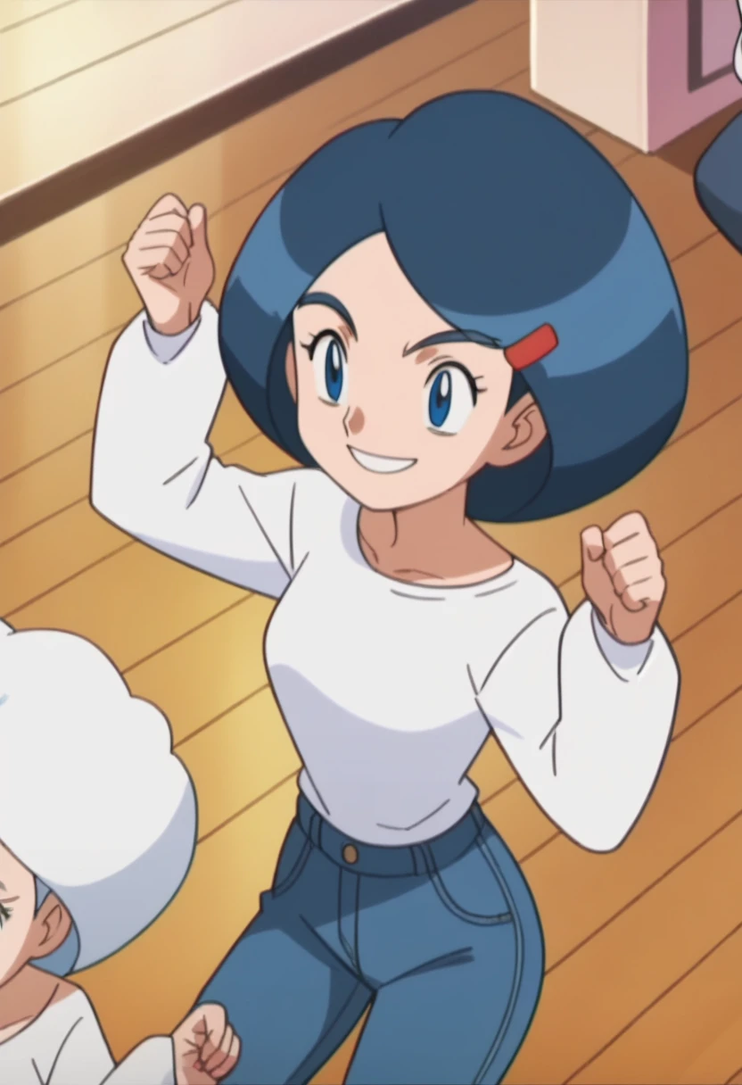 anime screencap in mnst artstyle, Johanna (Pokemon), 1girl, jeans, upper body view, blue hair, white wool sweatshirt, dynamic pose,smile,
