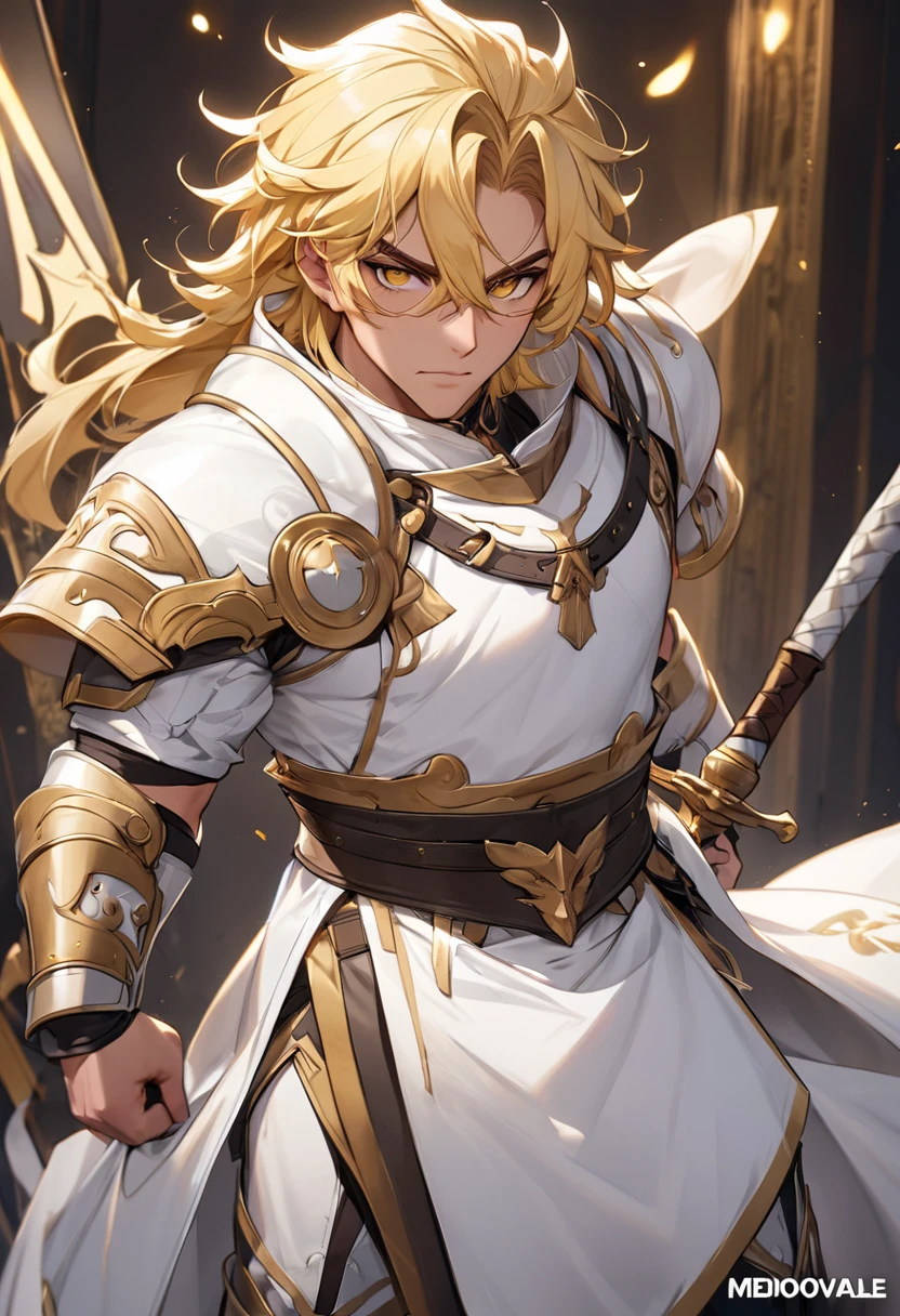 naughty man, warrior, Mediovale, wearing thick white clothes, blonde hair and bright golden eyes