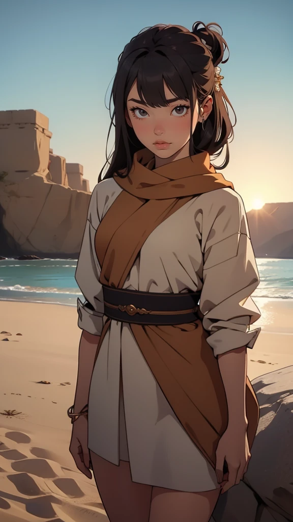 High quality, 4K, Masterpiece, beautiful, sexly, camel's hoof, legs apart, cyborg girl, drill screen, Broken screen, Dull eyes, long blonde hair, girl, small breasts, Fits right on the thigh., Robot Arm, robot body, cyborg body, yellow accent, Bloodshot, complicated details, joint, detail lines, Robot details, Raise your fist., camera bump, colored robot parts, colored robot parts, perfect finger, on a desert planet, sunny background, colorful desert,