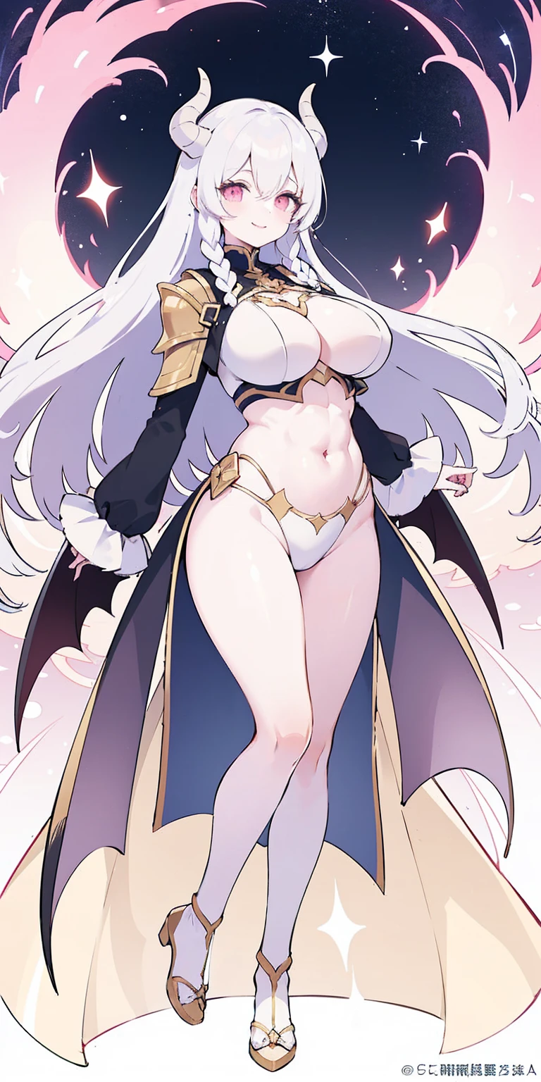 (masterpiece, HI quality: 1.1) 1girl full body standing good face, nice ass, hairstyle: braid, Color Hair: PINK long hair, Blindfolded: NO EYES, Skin: White (porcelain skin, sparkly skin), muscular, thighs, Mature woman, Abs, looks at the viewer smiling, extremely huge breasts, maternal, chest cover with clothes (Hell knight ingrid (anime style) Demon Knight Ingrid (OVA))