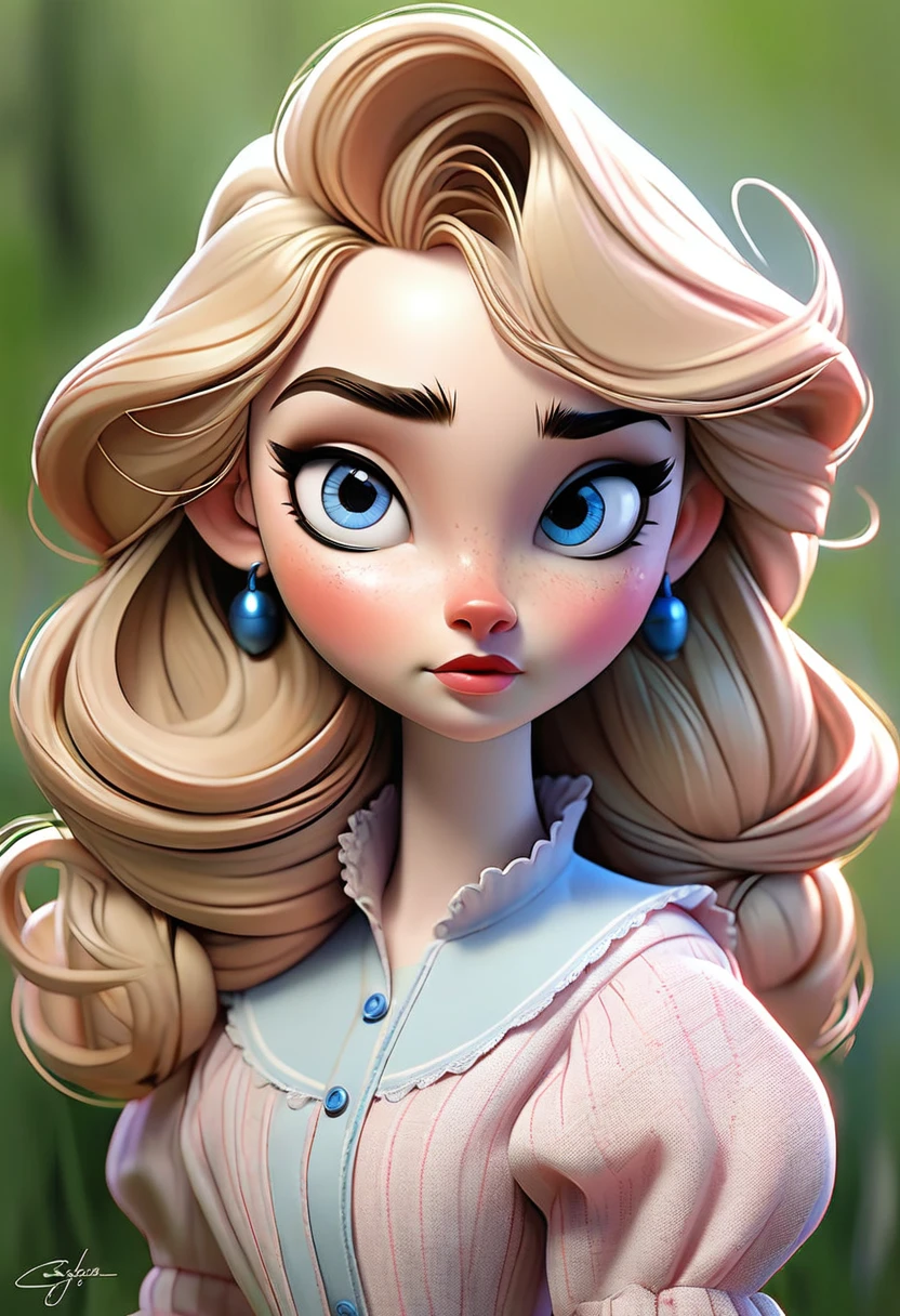 A colored pencil sketch of a beautiful swedish farm wife. crystal blue eyes. rosy complexion. full lips. Sabrina Carpenter. Sudectively dancing in a medow.