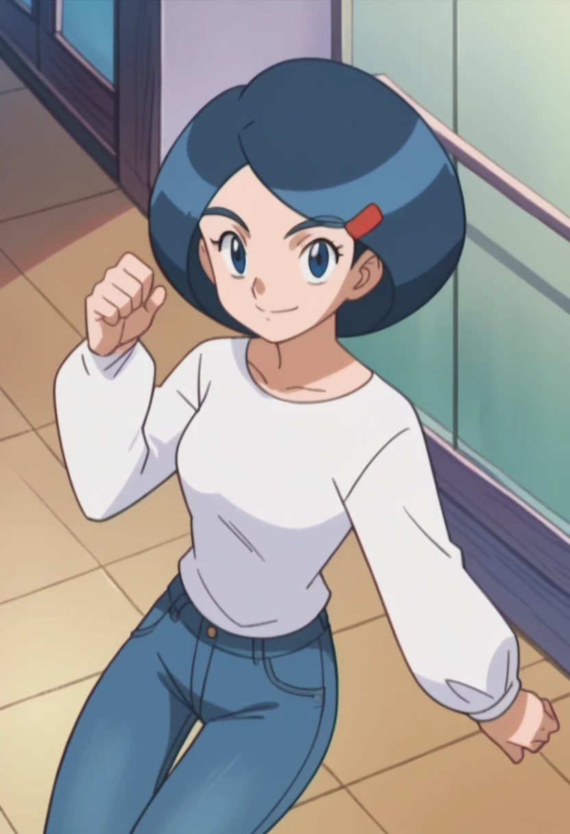 anime screencap in mnst artstyle, Johanna (Pokemon), 1girl, jeans, upper body view, blue hair, white wool sweatshirt, dynamic pose,smile,looking at viewer