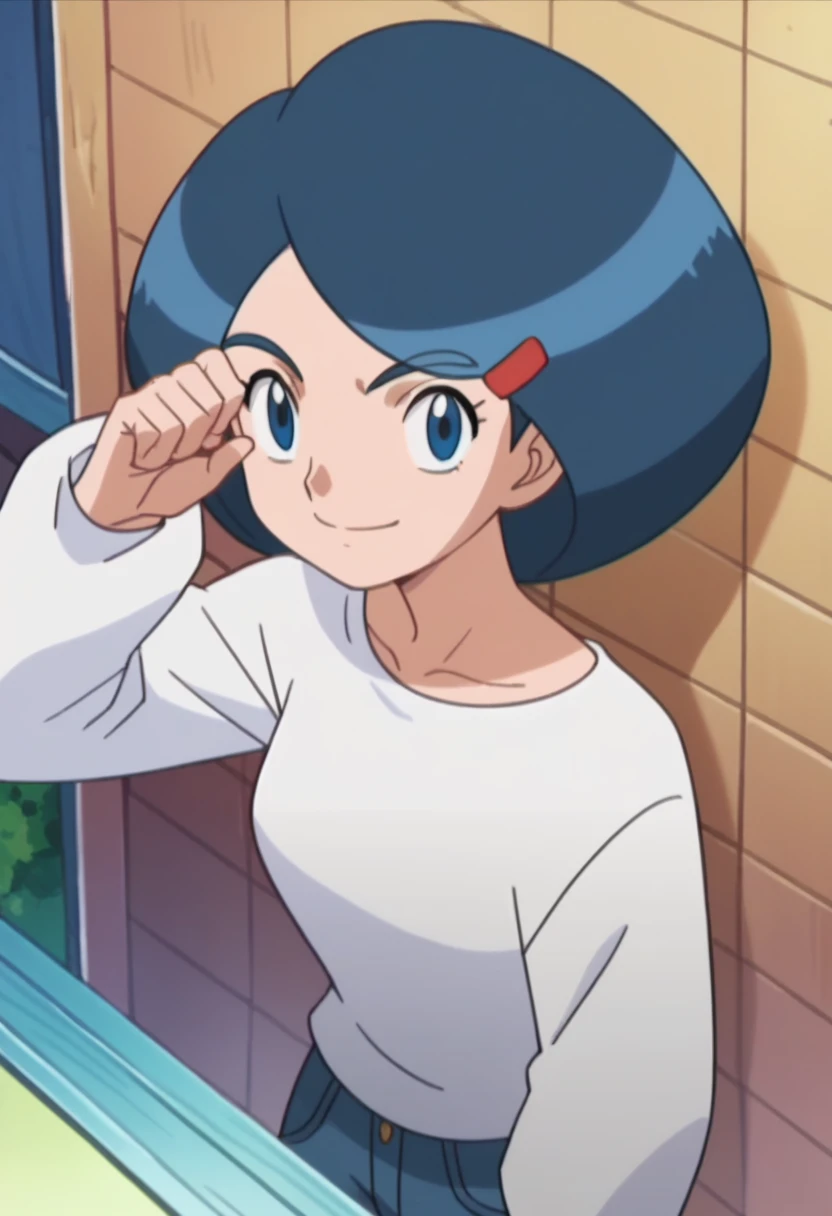 anime screencap in mnst artstyle, Johanna (Pokemon), 1girl, jeans, upper body view, blue hair, white wool sweatshirt, dynamic pose,smile,looking at viewer